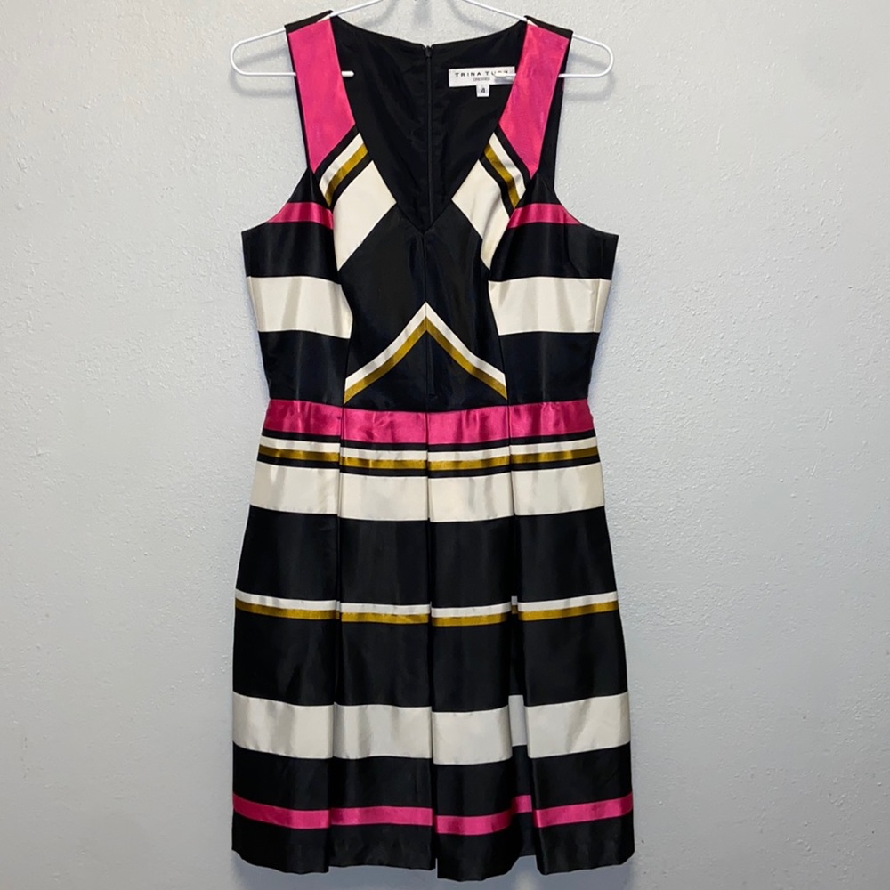 Trina Turk Black White Pink Gold Striped Sleeveless Dress